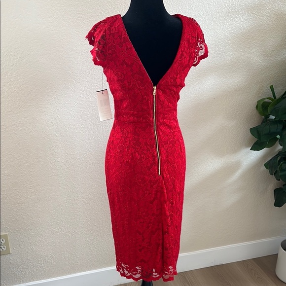 $240 NWT ABS by Allen Schwartz Lace Red Flutter Sleeve Pencil Dress 0133 - Picture 9 of 13
